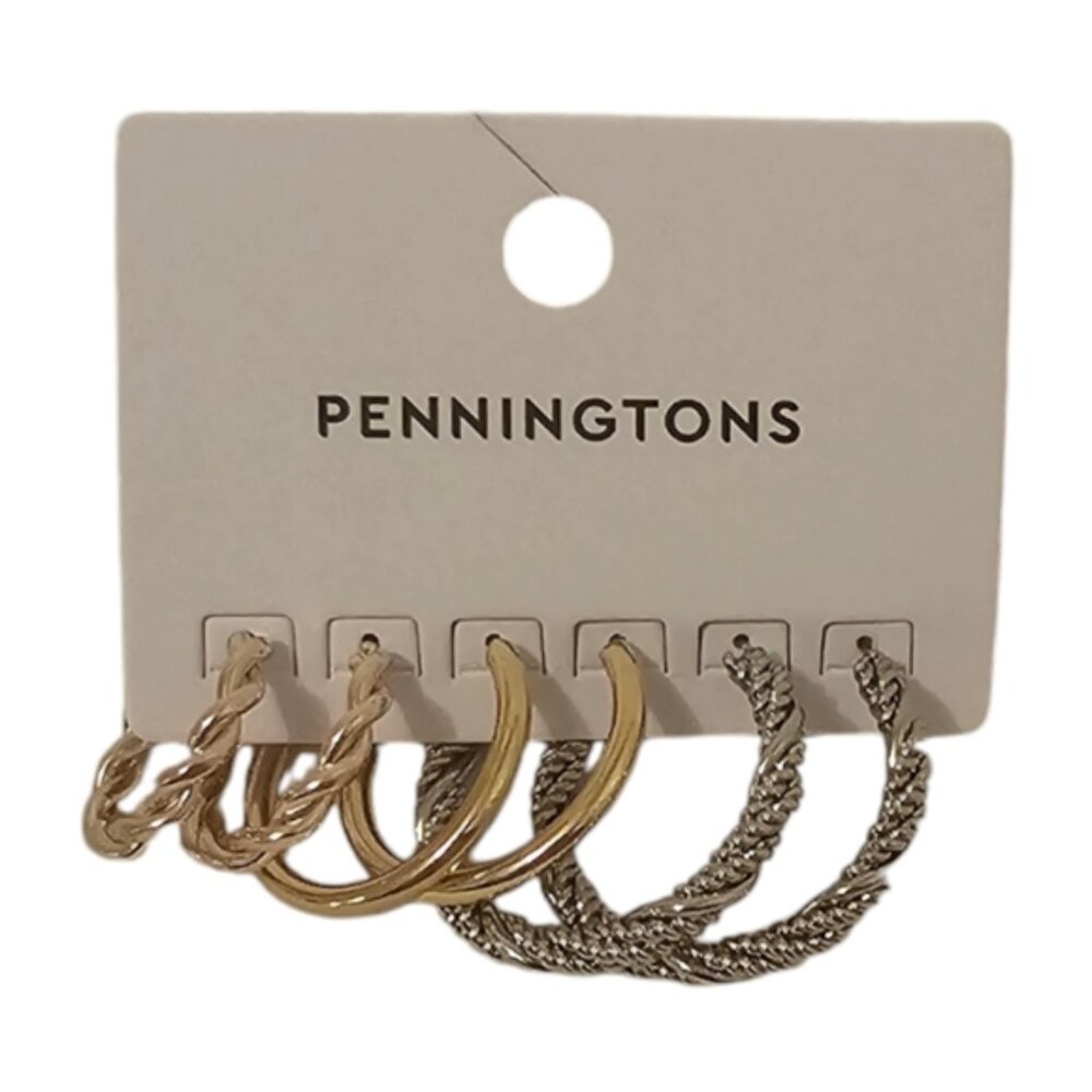 Gold  &  Silver Penningtons Women's 3-Pack Various Texture Hoop Earrings